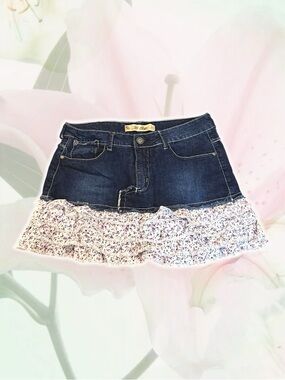 Denim Mini Skirt with Floral Ruffle - Dark Blue
